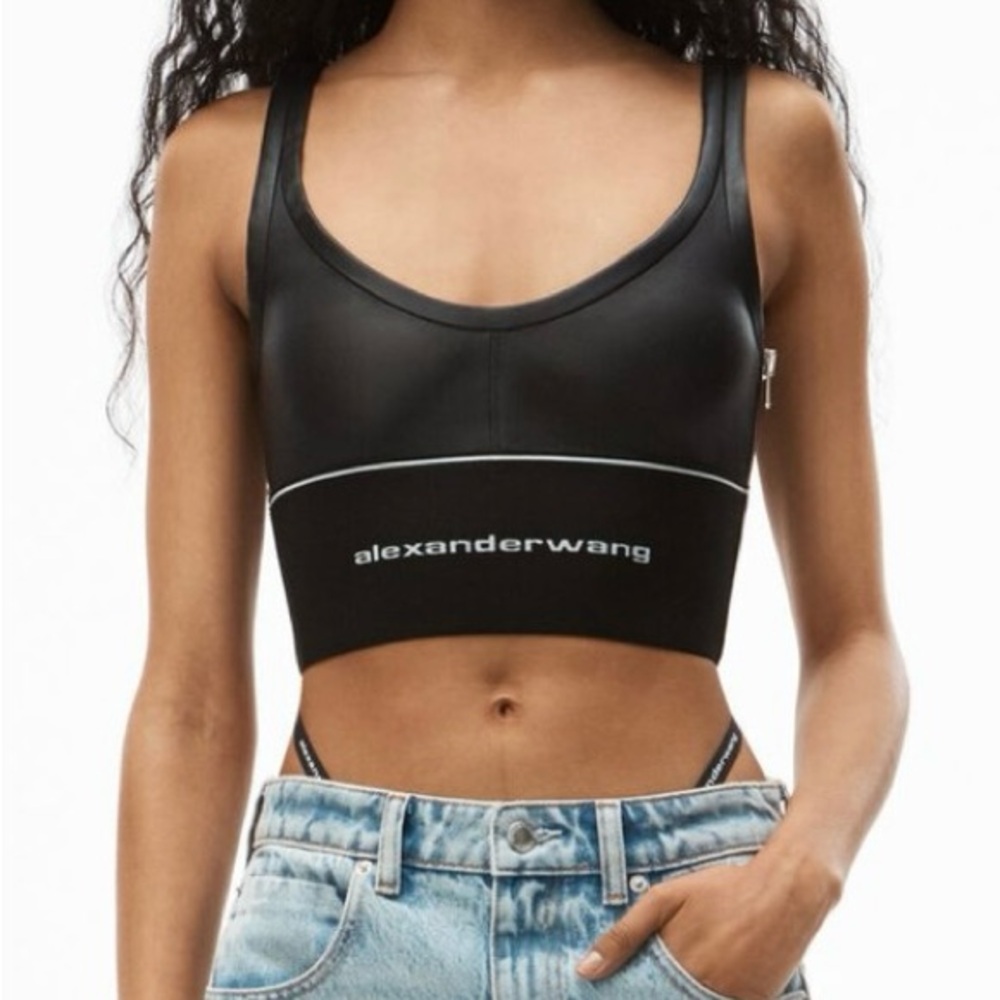 ALEXANDER WANG LOGO ELASTIC BRA IN LEATHER size: M